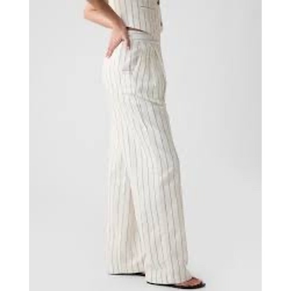 Gap Linen Pleated Wide Leg Pants Womens 12 White Navy Pinstripe‎ NWT